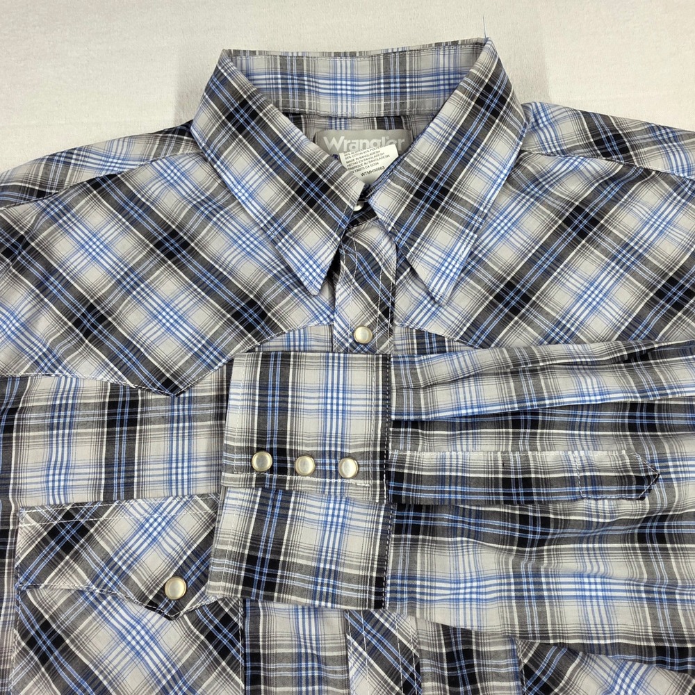 Wrangler Wrancher Mens Blue Plaid Western Pearl Snap Shirt MTW1297 L - Picture 2 of 12
